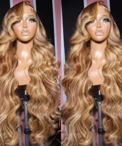 100% Brazilian Human Hair Ombre Brown Lace Frontal Blond Body Wave Wig