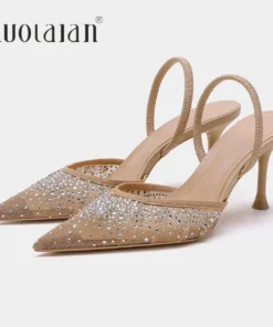 New Summer Women's Sandals Rhinestone Bright Mesh High Heels Footwear Elegant Slingback Pointed Slip on Party Lady Pumps Shoes