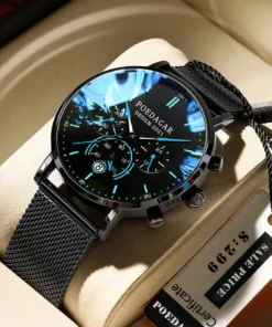 POEDAGAR Men Watch Fashion Chronograph Slim Stainless Steel Mesh Quartz Men's Wristwatch Waterproof Luminous Date Sport Watch